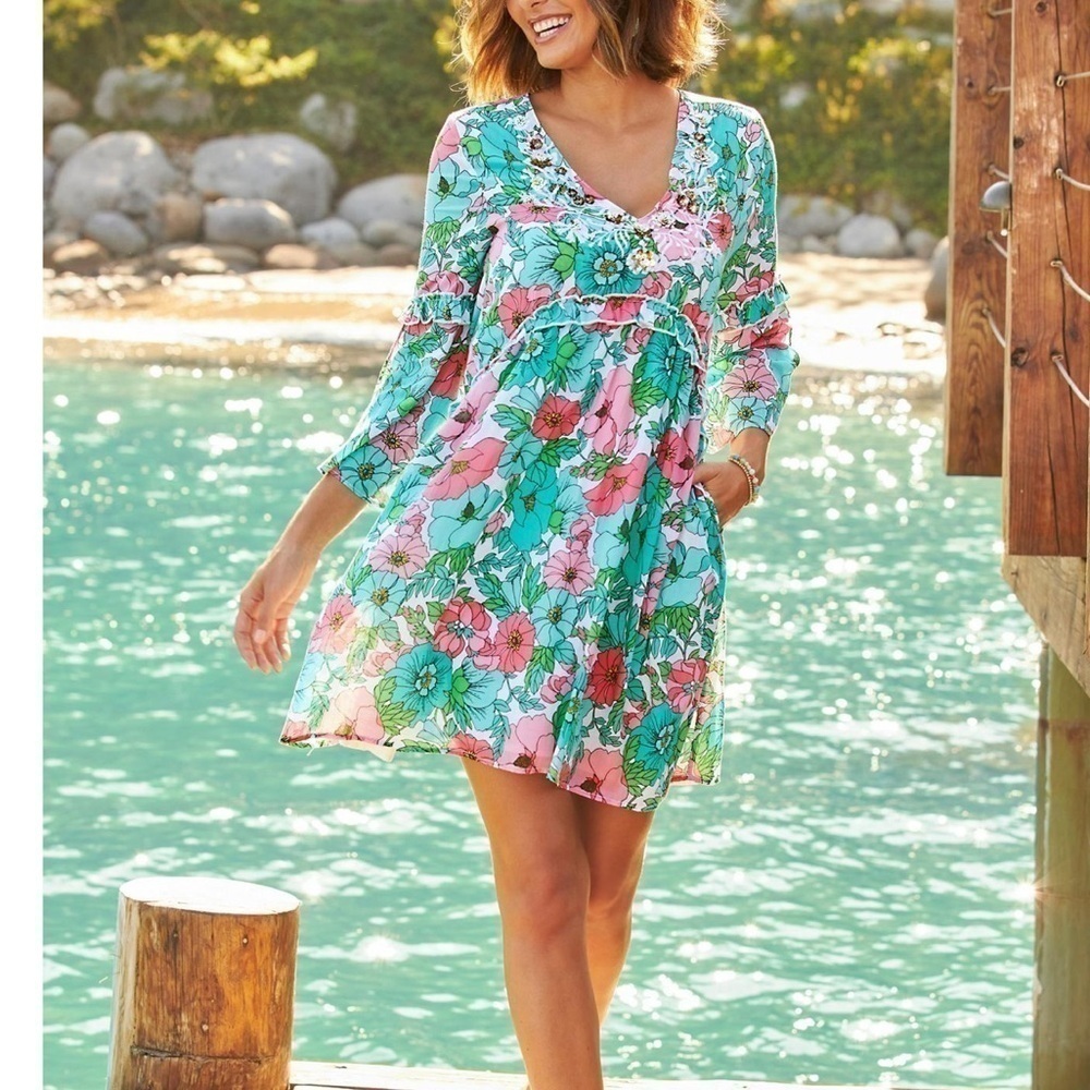 Boston Proper Bouquet Of Summer Embellished Peasant Dress XS NWOT